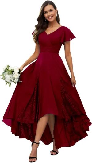 Mother of The Bride Dresses Tea Length for Women Lace Chiffon Short Sleeve Formal Dress