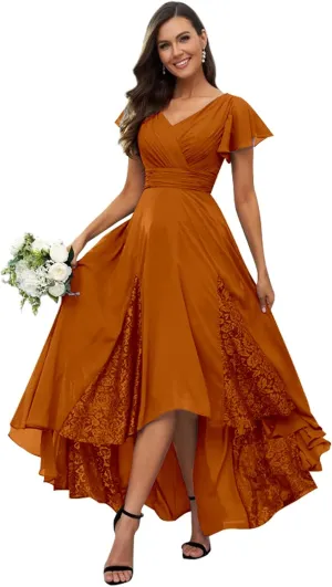 Mother of The Bride Dresses Tea Length for Women Lace Chiffon Short Sleeve Formal Dress