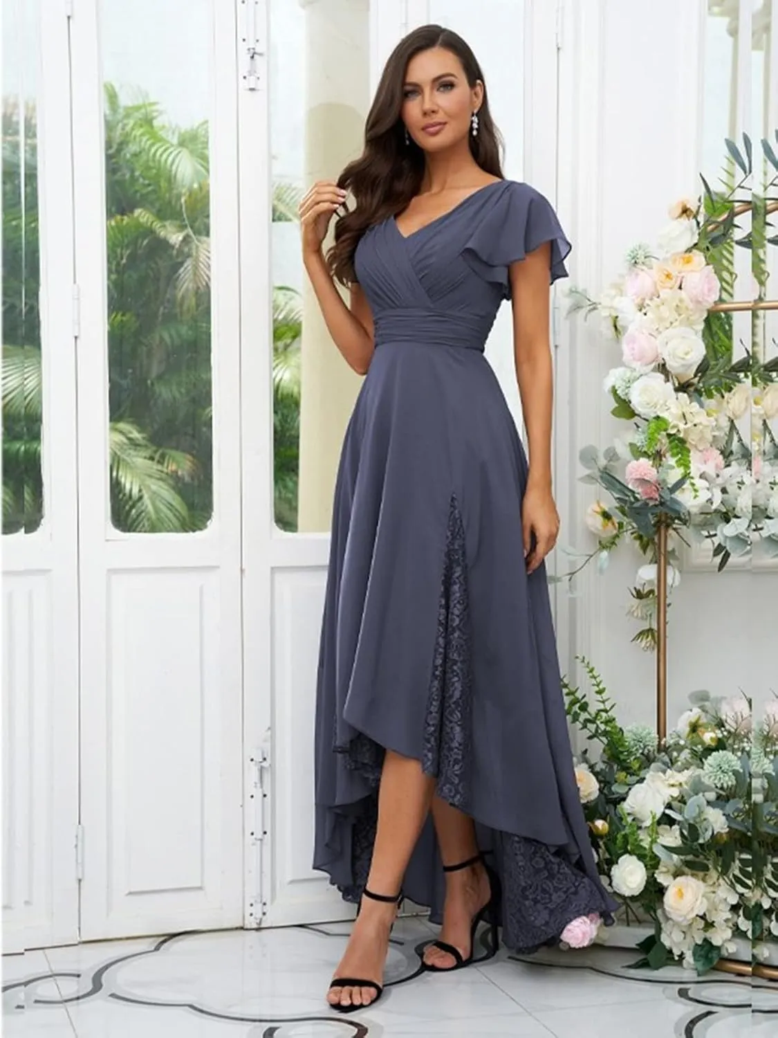 Mother of The Bride Dresses Tea Length for Women Lace Chiffon Short Sleeve Formal Dress