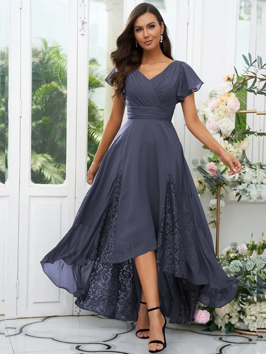 Mother of The Bride Dresses Tea Length for Women Lace Chiffon Short Sleeve Formal Dress