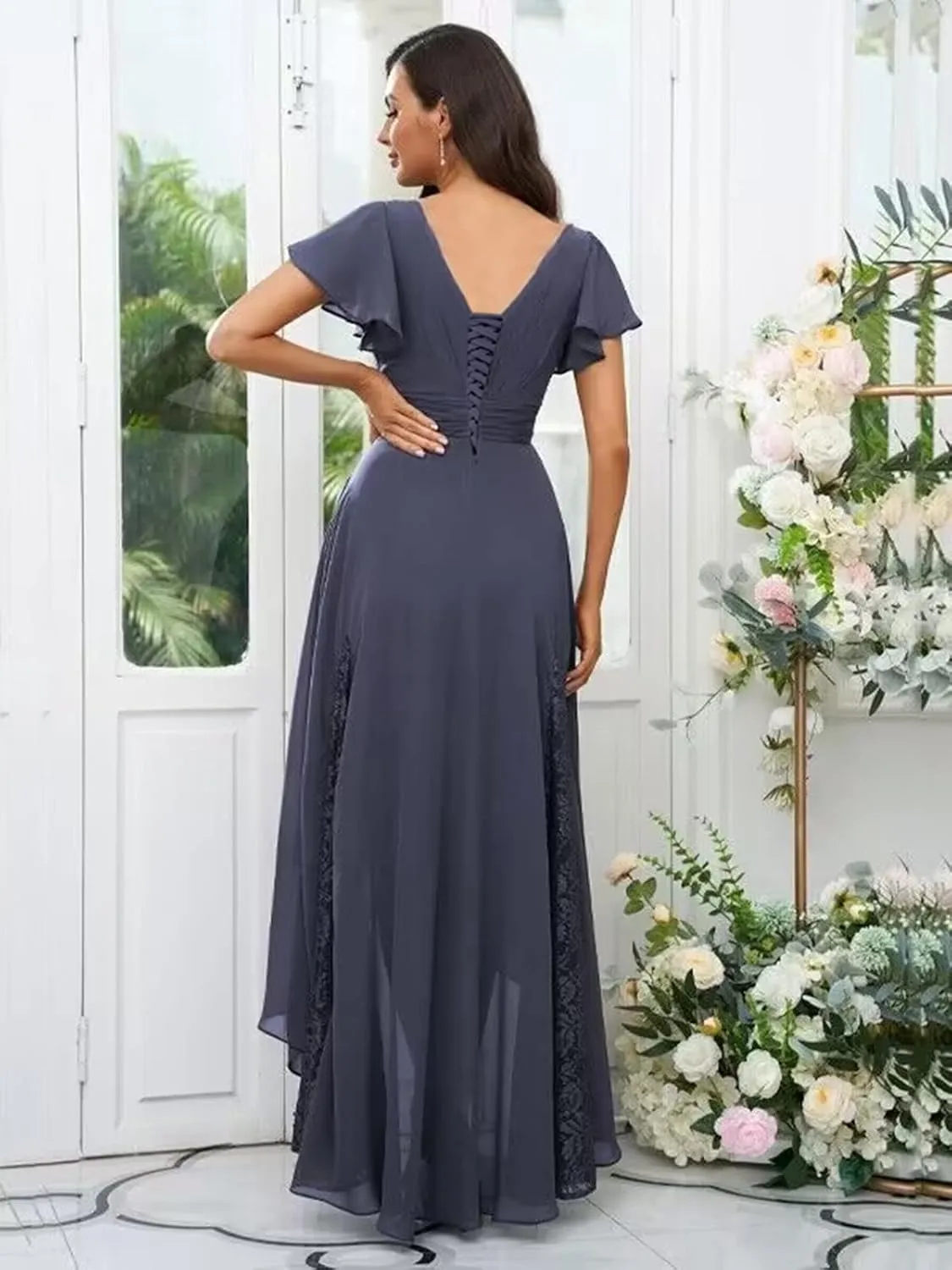 Mother of The Bride Dresses Tea Length for Women Lace Chiffon Short Sleeve Formal Dress