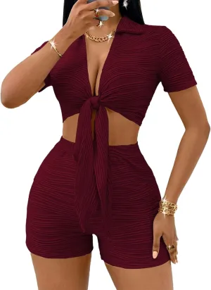 MSLG Women's Sexy 2 Piece Set Solid Summer Bodycon Suit Casual Tie Front Short Sleeve V Neck Crop Top Shorts Outfits Sets S42