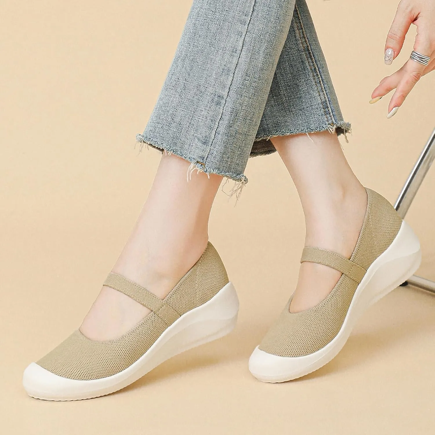 NELSBREXWomen'S Knitted Platform Orthopedic Mary Jane Flats Comfortable Cap Toe Non-Slip Arch Support Breathable Walking Mam Shoes to Relieve Plantar Pain Rehabilitation Shoes