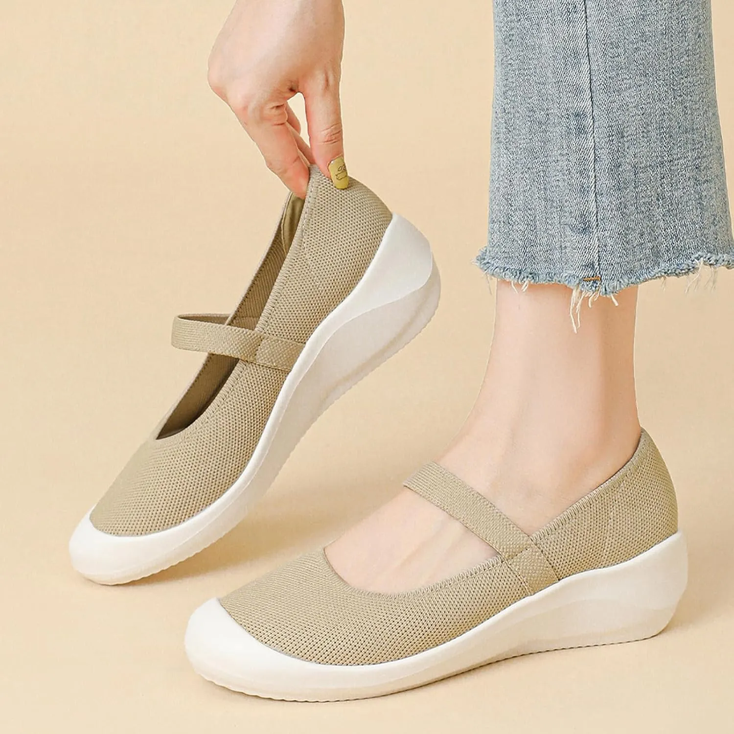 NELSBREXWomen'S Knitted Platform Orthopedic Mary Jane Flats Comfortable Cap Toe Non-Slip Arch Support Breathable Walking Mam Shoes to Relieve Plantar Pain Rehabilitation Shoes