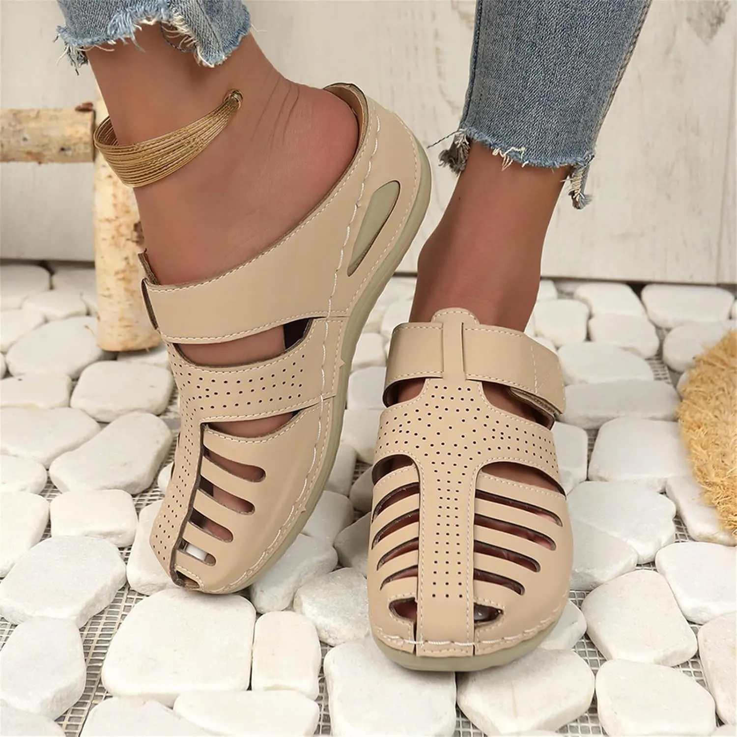 Orthopedic Sandals for Women Ankle Strap Closed Toe Wedge Platform Sandals Casual Summer Hollow Out Breathable Shoes