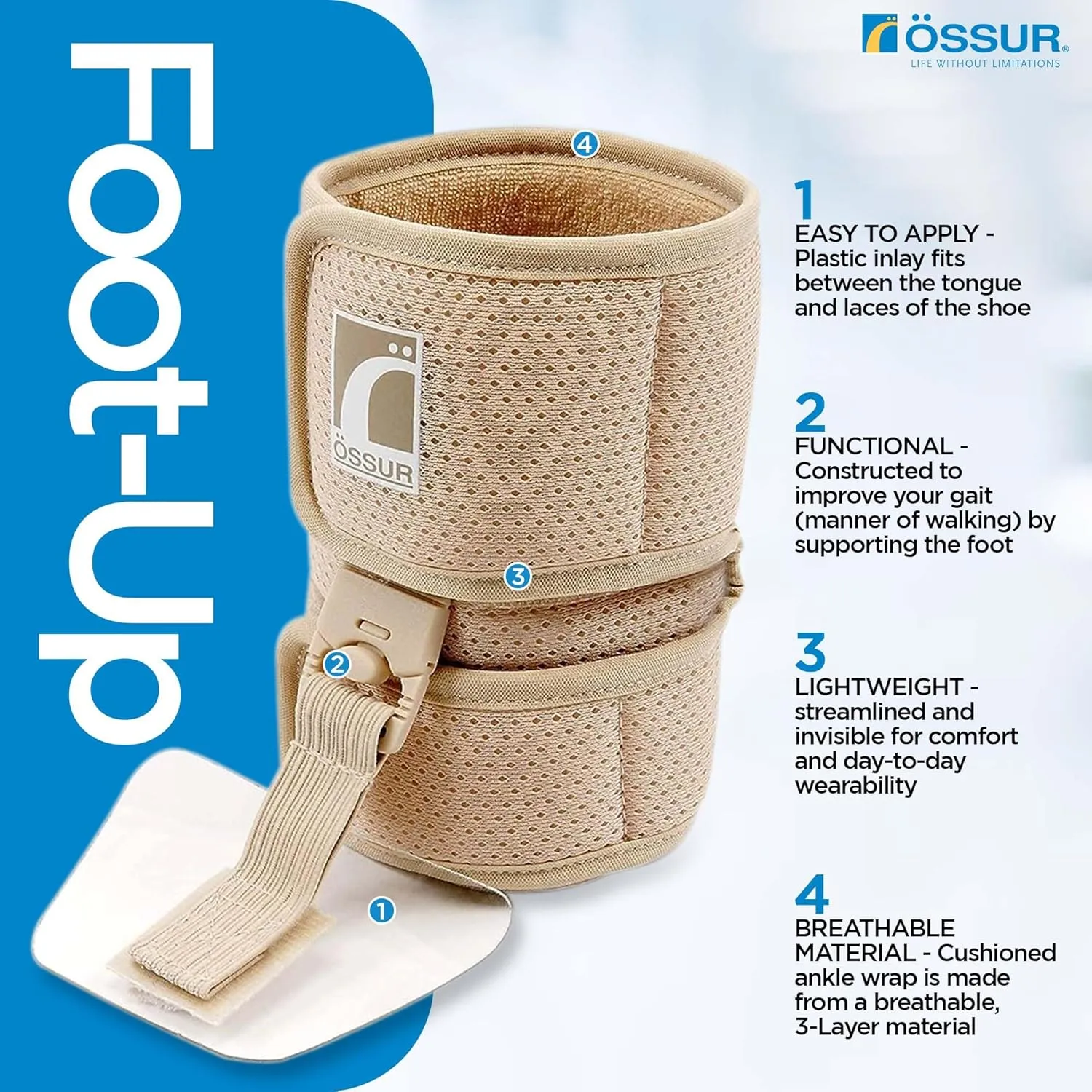 Ossur Foot-Up Drop Foot Brace | Ankle-Foot Orthosis (AFO) for Drop Foot Support | Lightweight, Adjustable Wrap for All-Day Comfort | Breathable Material for All Day Walking | (Beige, Large)