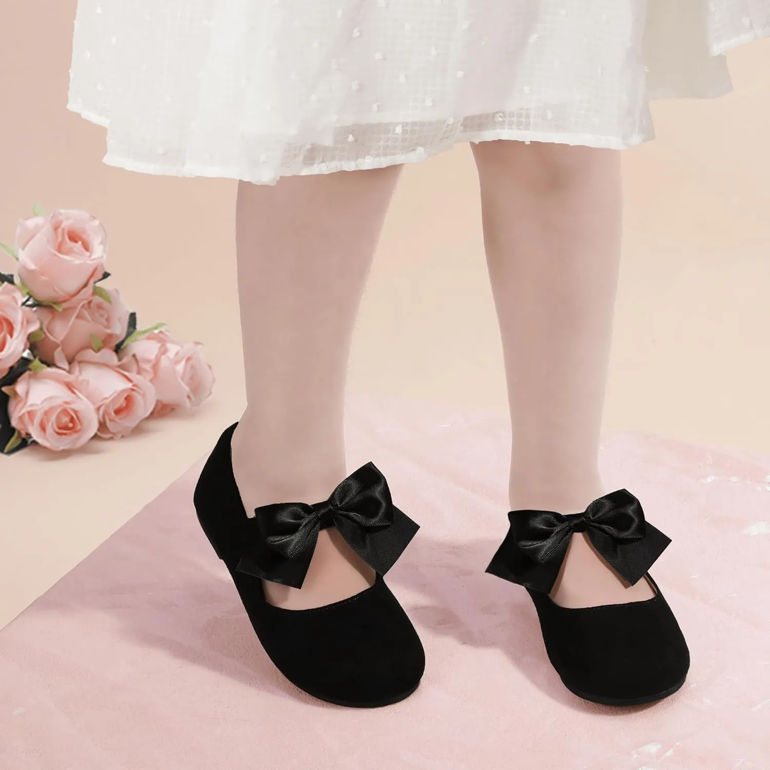 PANDANINJIA Toddler Dress Shoes Bowknot Mary Jane Shoes Girls Ballet Flats for Kids Wedding Party Uniform Church Shoes