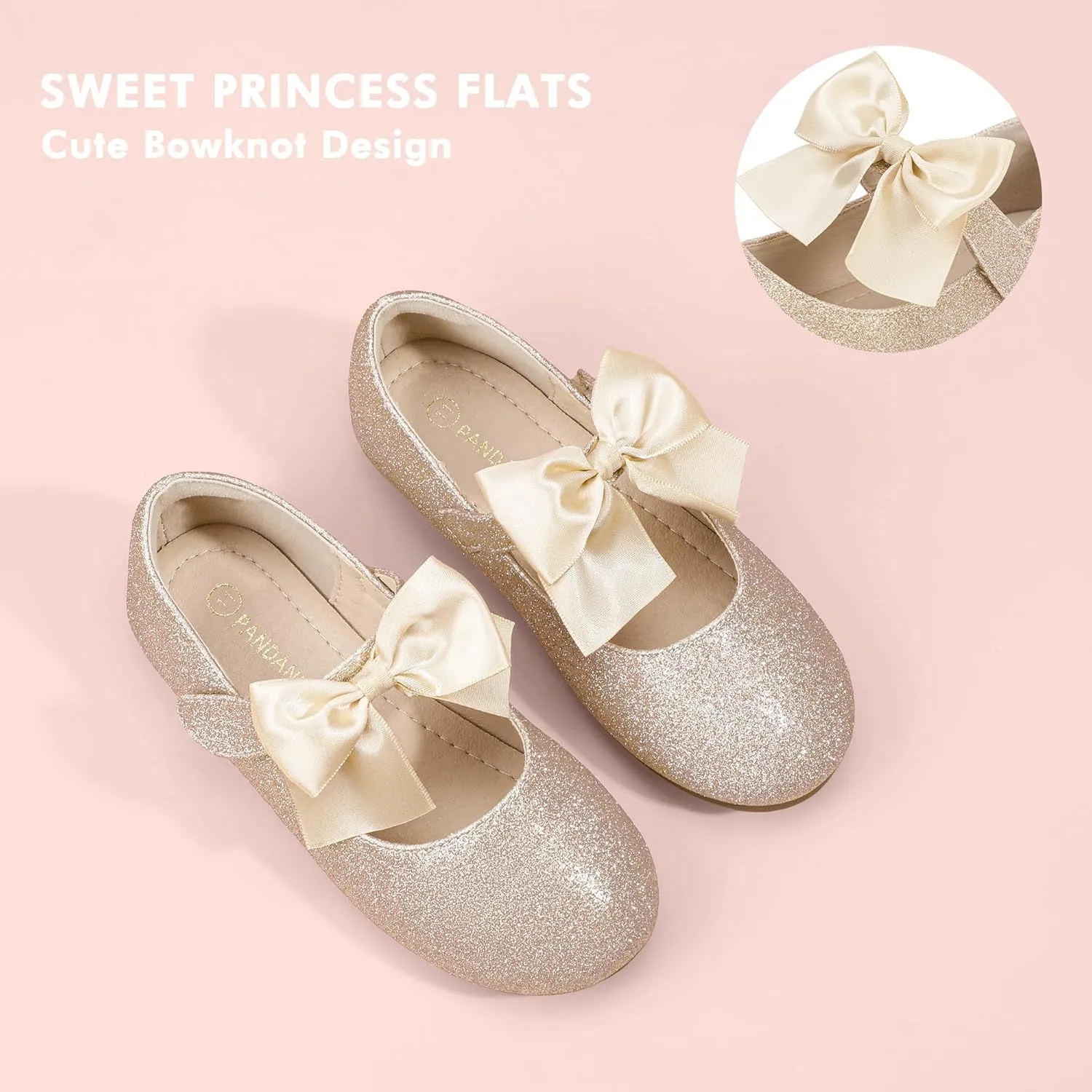 PANDANINJIA Toddler Dress Shoes Bowknot Mary Jane Shoes Girls Ballet Flats for Kids Wedding Party Uniform Church Shoes