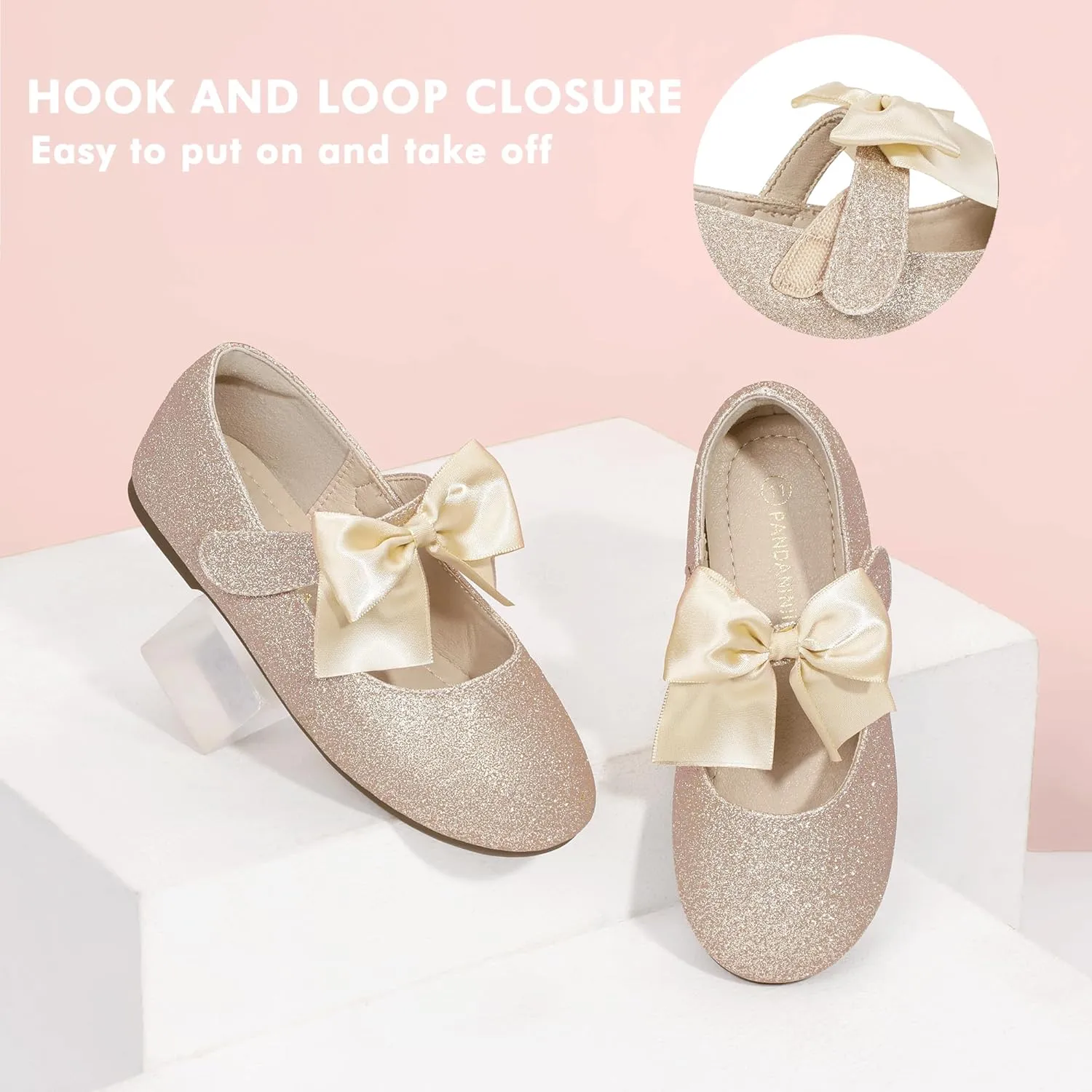 PANDANINJIA Toddler Dress Shoes Bowknot Mary Jane Shoes Girls Ballet Flats for Kids Wedding Party Uniform Church Shoes