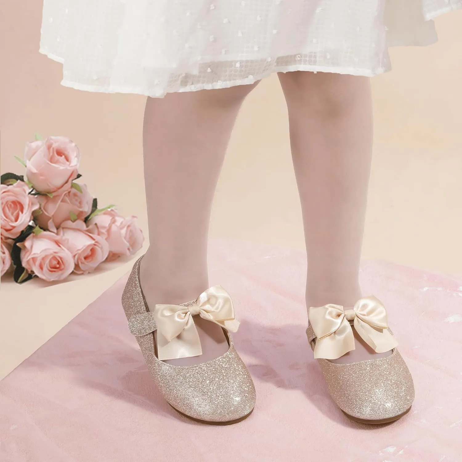 PANDANINJIA Toddler Dress Shoes Bowknot Mary Jane Shoes Girls Ballet Flats for Kids Wedding Party Uniform Church Shoes