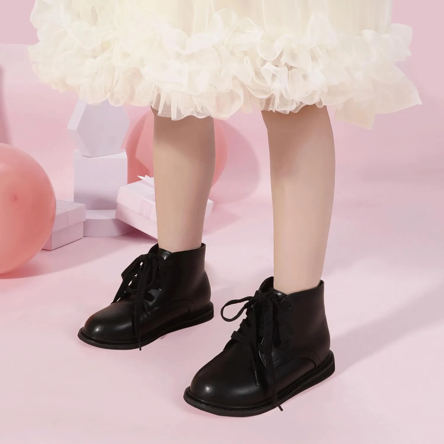 PANDANINJIA Toddler Girls Boots Kids Fashion Spring Fall Short Ankle Booties Comfort Lace Up Girl Flats Dress Shoes