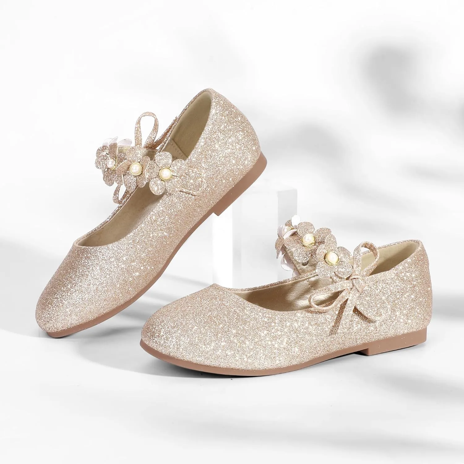 PANDANINJIA Toddler Girls Dress Shoes Flower Girl Flats Pearls Bow Mary Jane Wedding Party Flora Shoes
