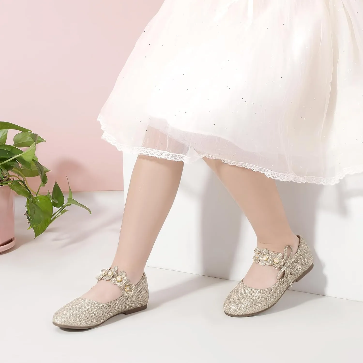 PANDANINJIA Toddler Girls Dress Shoes Flower Girl Flats Pearls Bow Mary Jane Wedding Party Flora Shoes