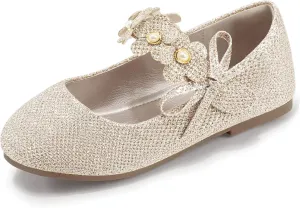 PANDANINJIA Toddler Girls Dress Shoes Flower Girl Flats Pearls Bow Mary Jane Wedding Party Flora Shoes