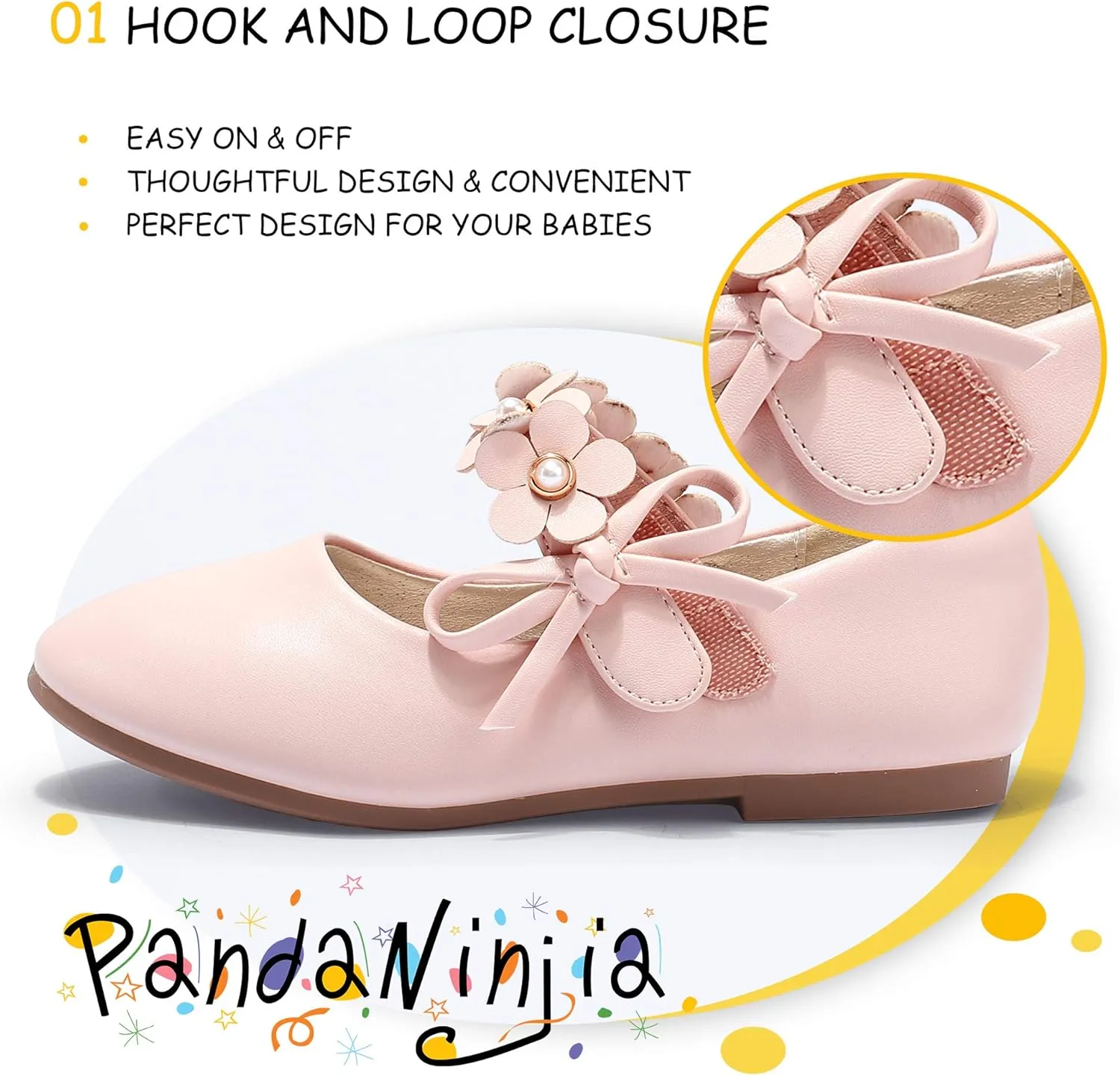 PANDANINJIA Toddler Girls Dress Shoes Flower Girl Flats Pearls Bow Mary Jane Wedding Party Flora Shoes