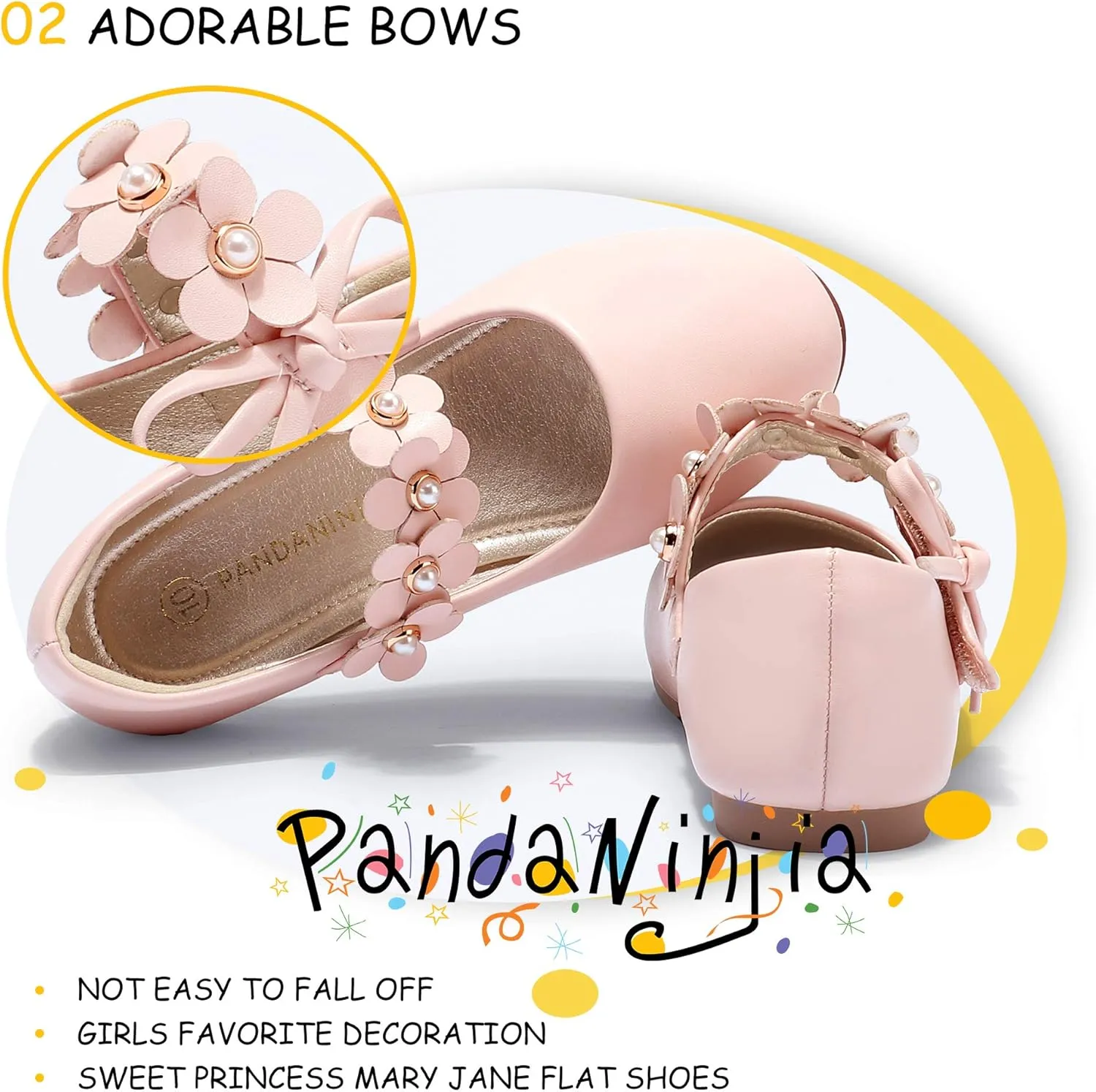 PANDANINJIA Toddler Girls Dress Shoes Flower Girl Flats Pearls Bow Mary Jane Wedding Party Flora Shoes