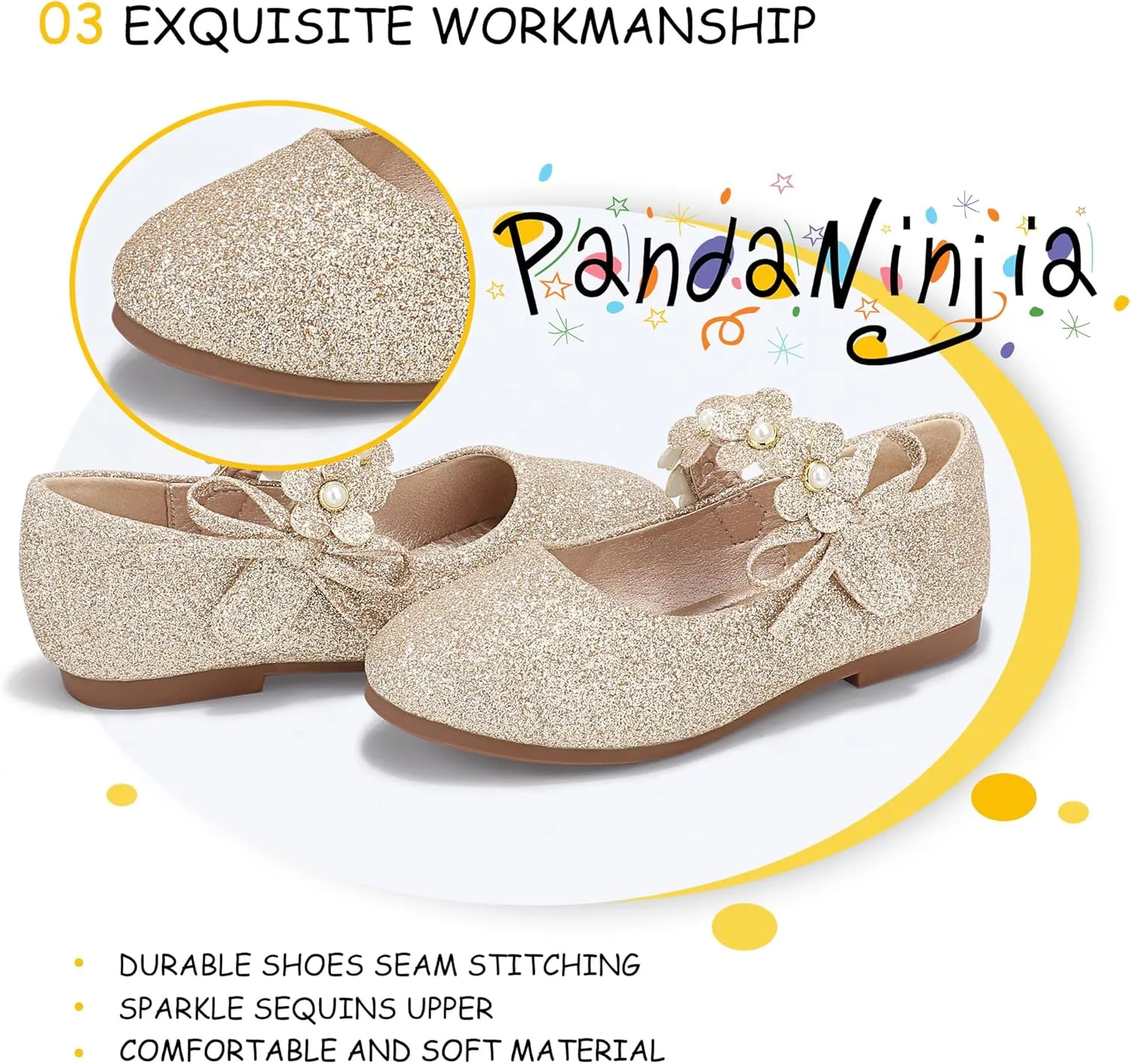 PANDANINJIA Toddler Girls Dress Shoes Flower Girl Flats Pearls Bow Mary Jane Wedding Party Flora Shoes