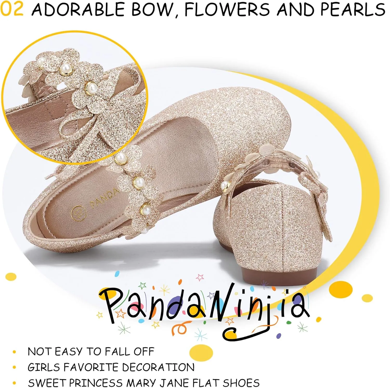 PANDANINJIA Toddler Girls Dress Shoes Flower Girl Flats Pearls Bow Mary Jane Wedding Party Flora Shoes