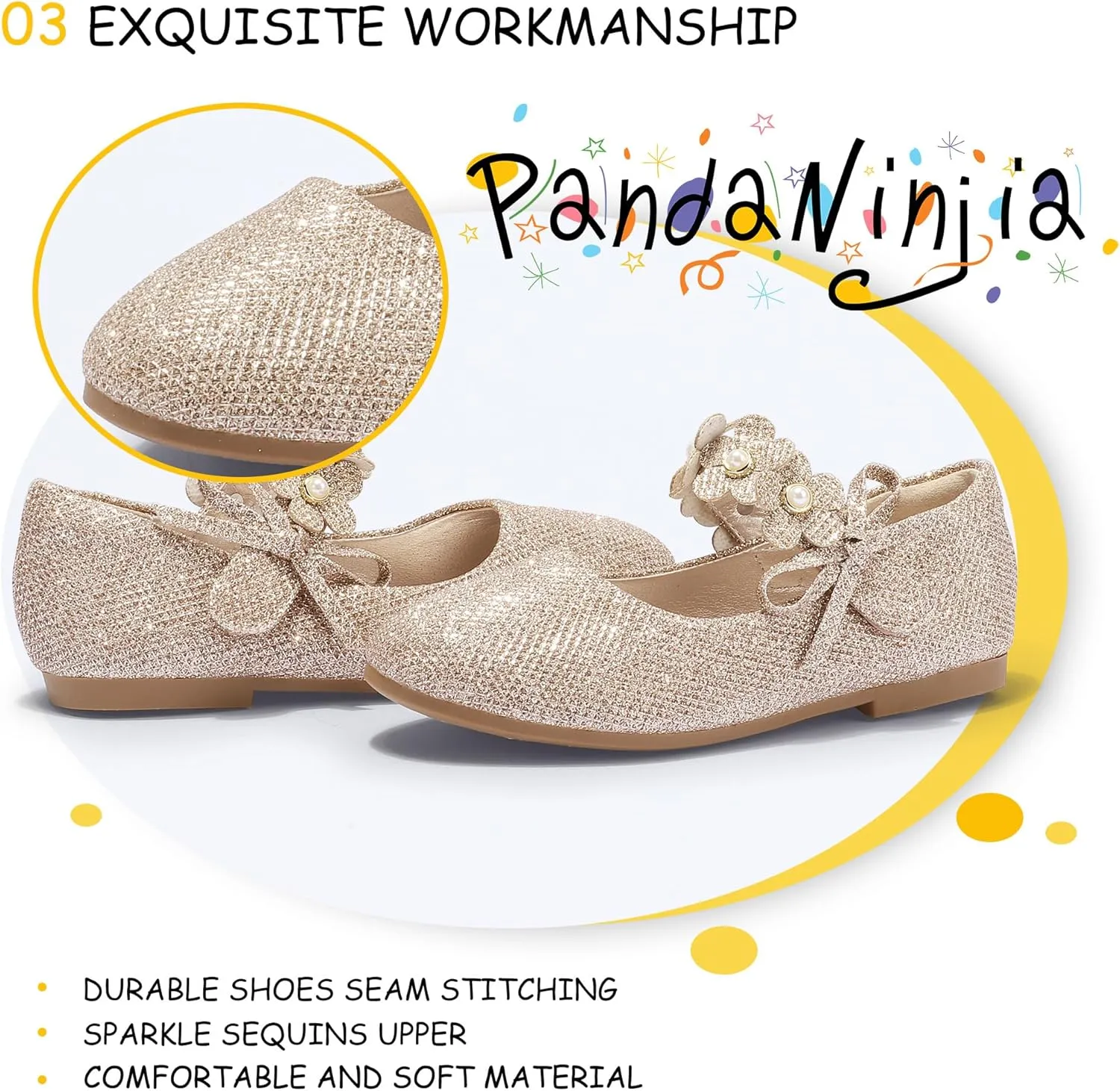 PANDANINJIA Toddler Girls Dress Shoes Flower Girl Flats Pearls Bow Mary Jane Wedding Party Flora Shoes