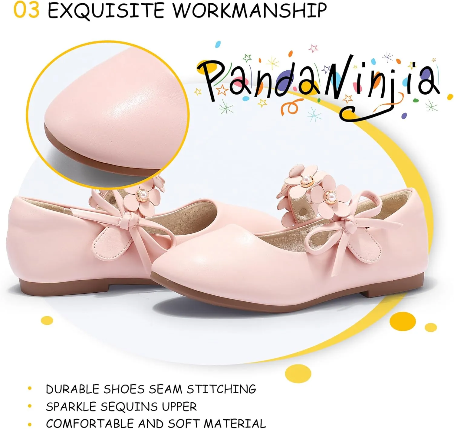 PANDANINJIA Toddler Girls Dress Shoes Flower Girl Flats Pearls Bow Mary Jane Wedding Party Flora Shoes