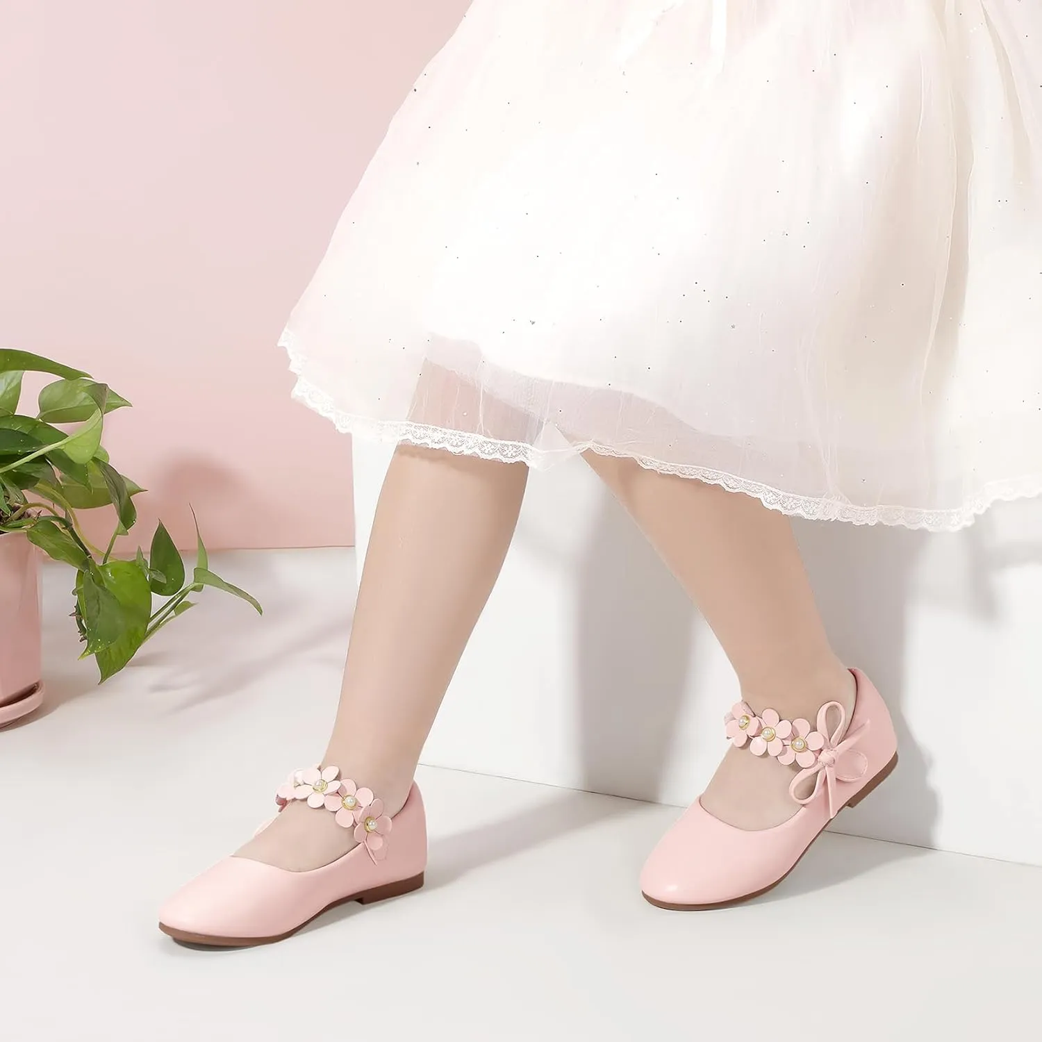 PANDANINJIA Toddler Girls Dress Shoes Flower Girl Flats Pearls Bow Mary Jane Wedding Party Flora Shoes