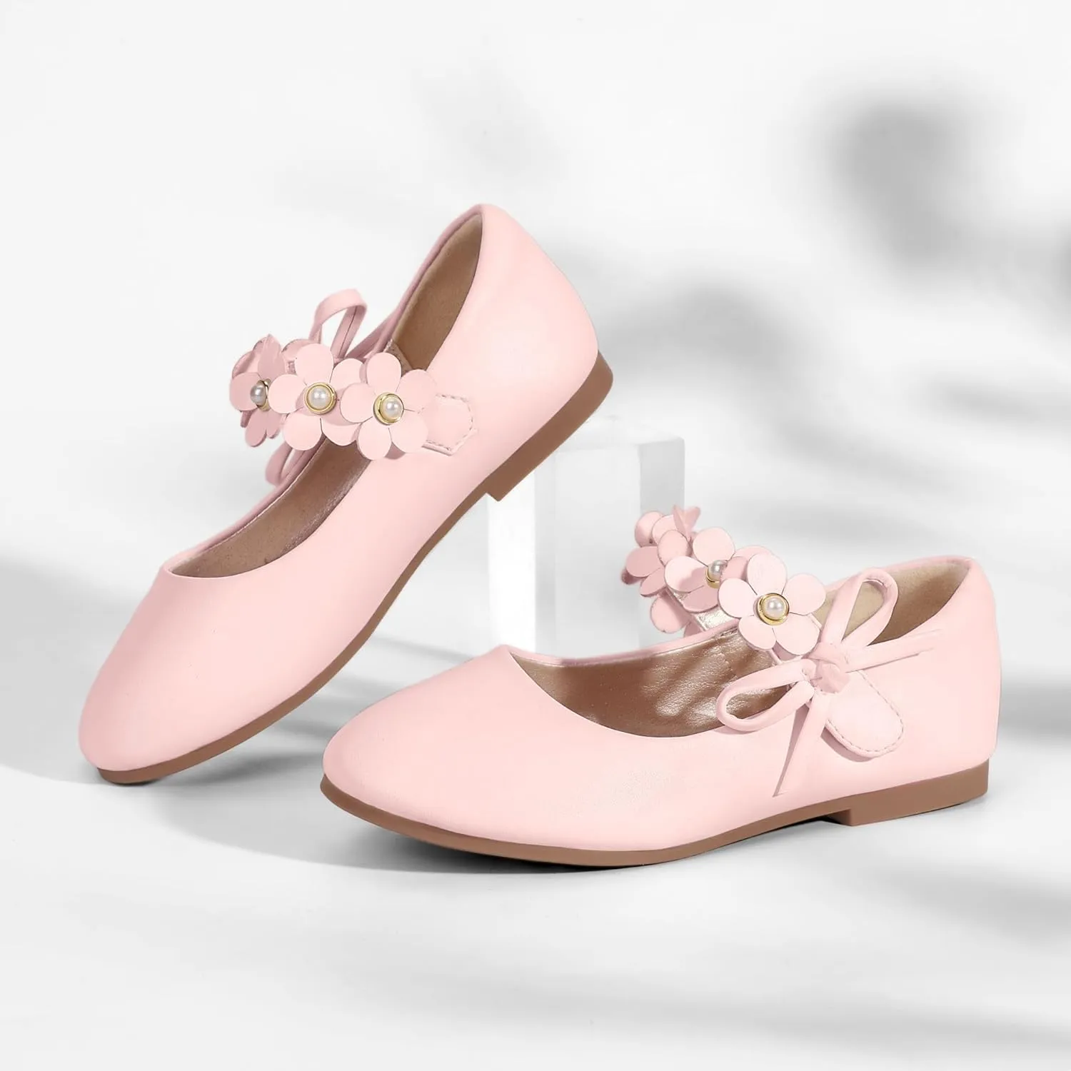 PANDANINJIA Toddler Girls Dress Shoes Flower Girl Flats Pearls Bow Mary Jane Wedding Party Flora Shoes