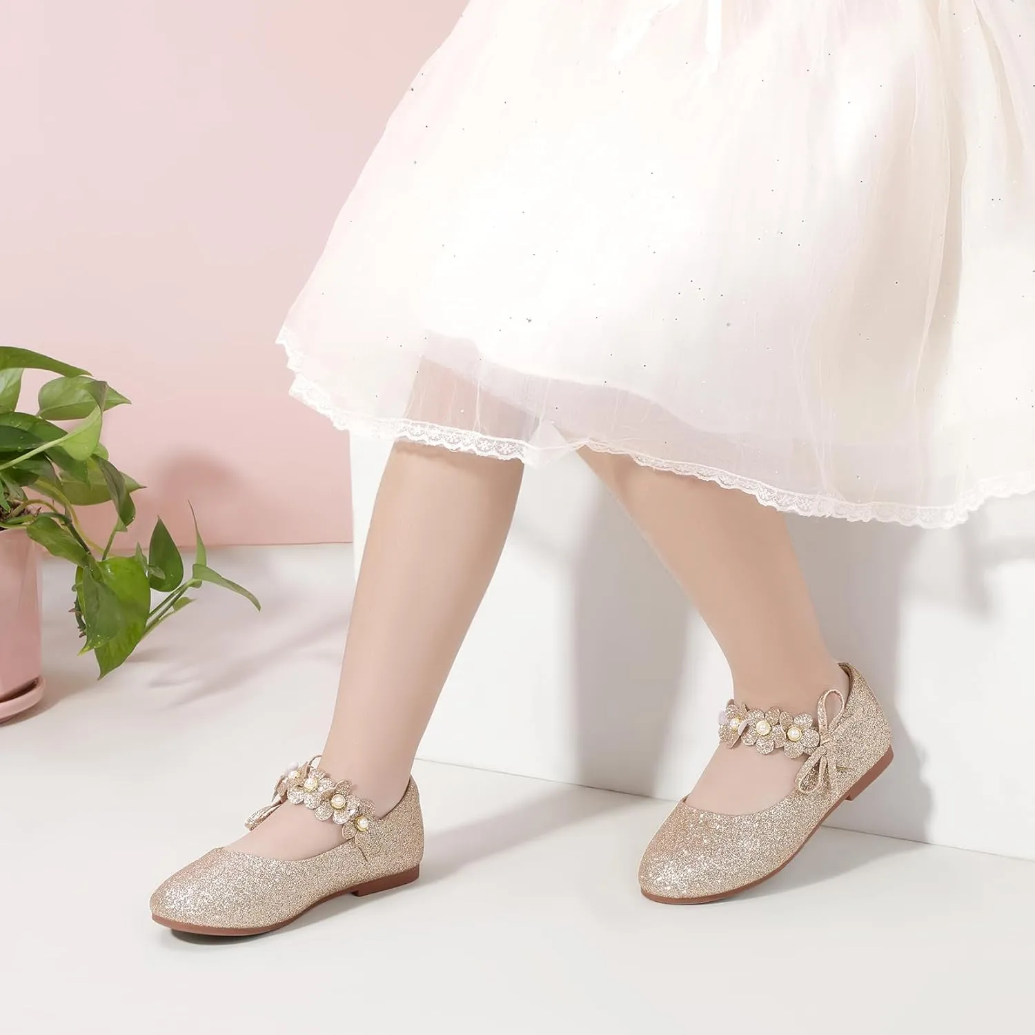 PANDANINJIA Toddler Girls Dress Shoes Flower Girl Flats Pearls Bow Mary Jane Wedding Party Flora Shoes