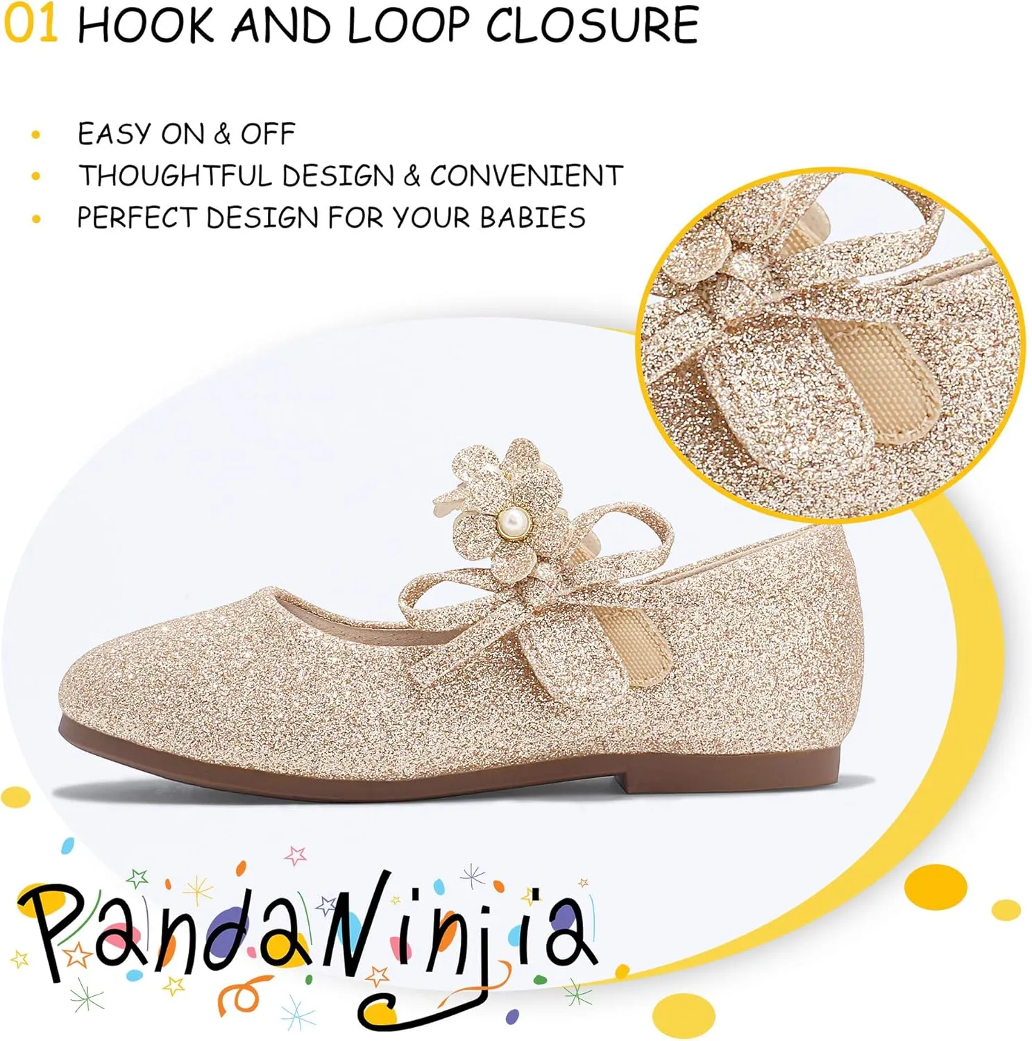 PANDANINJIA Toddler Girls Dress Shoes Flower Girl Flats Pearls Bow Mary Jane Wedding Party Flora Shoes