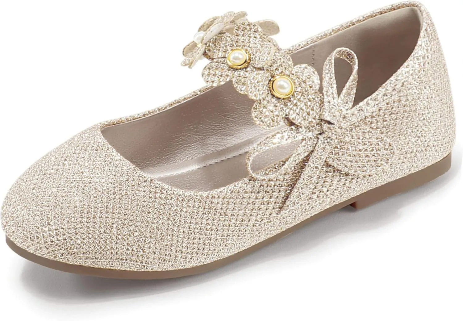 PANDANINJIA Toddler Girls Dress Shoes Flower Girl Flats Pearls Bow Mary Jane Wedding Party Flora Shoes