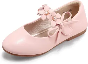 PANDANINJIA Toddler Girls Dress Shoes Flower Girl Flats Pearls Bow Mary Jane Wedding Party Flora Shoes