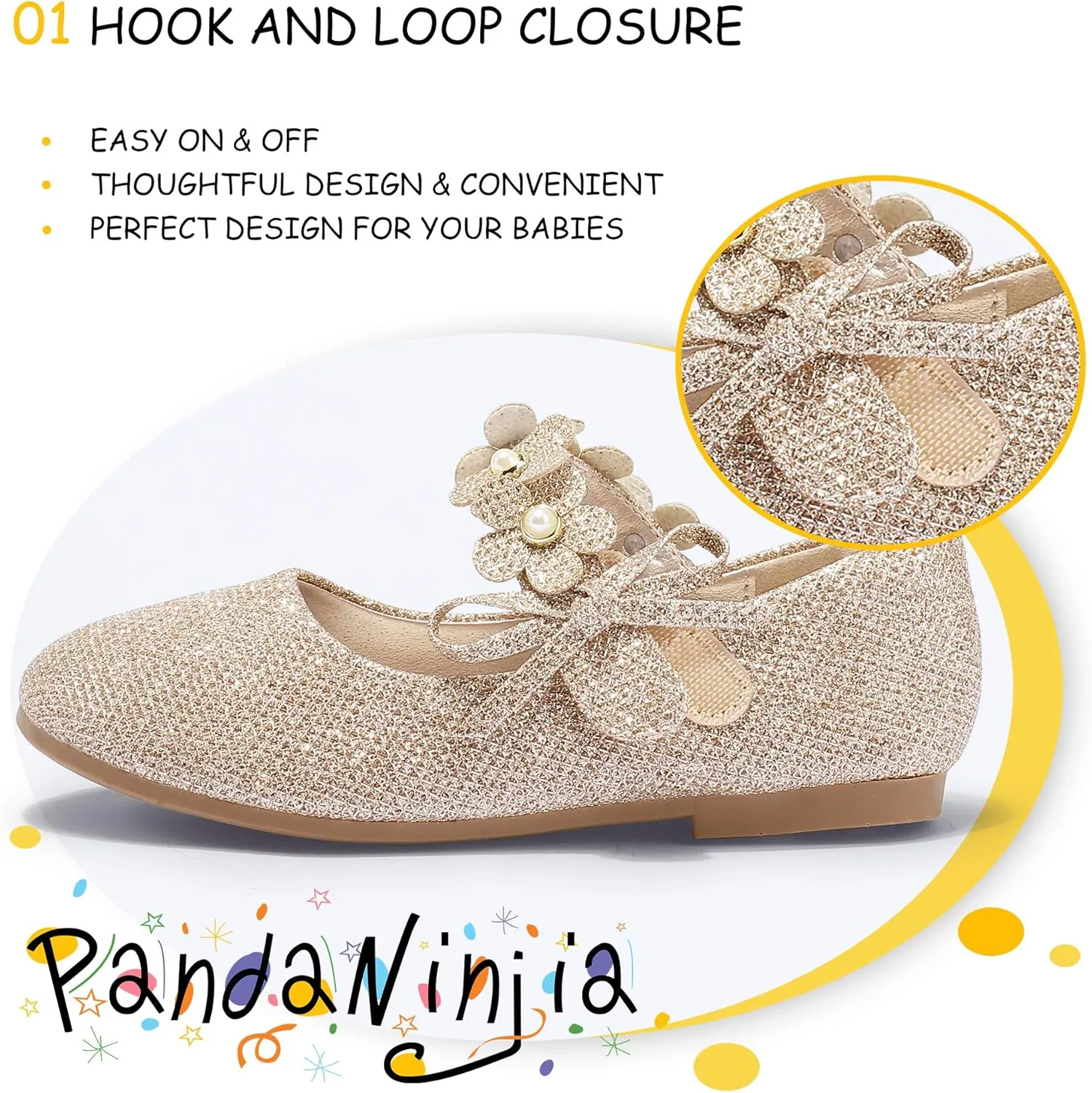 PANDANINJIA Toddler Girls Dress Shoes Flower Girl Flats Pearls Bow Mary Jane Wedding Party Flora Shoes