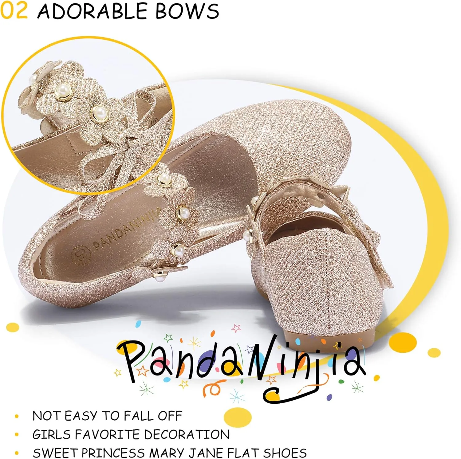 PANDANINJIA Toddler Girls Dress Shoes Flower Girl Flats Pearls Bow Mary Jane Wedding Party Flora Shoes