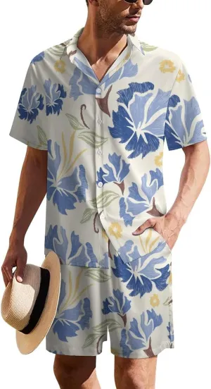 Pastel Blue Carnation FlowersMen's Two-piece Casual Short-sleeved Shirt Summer Loose Vacation Suit