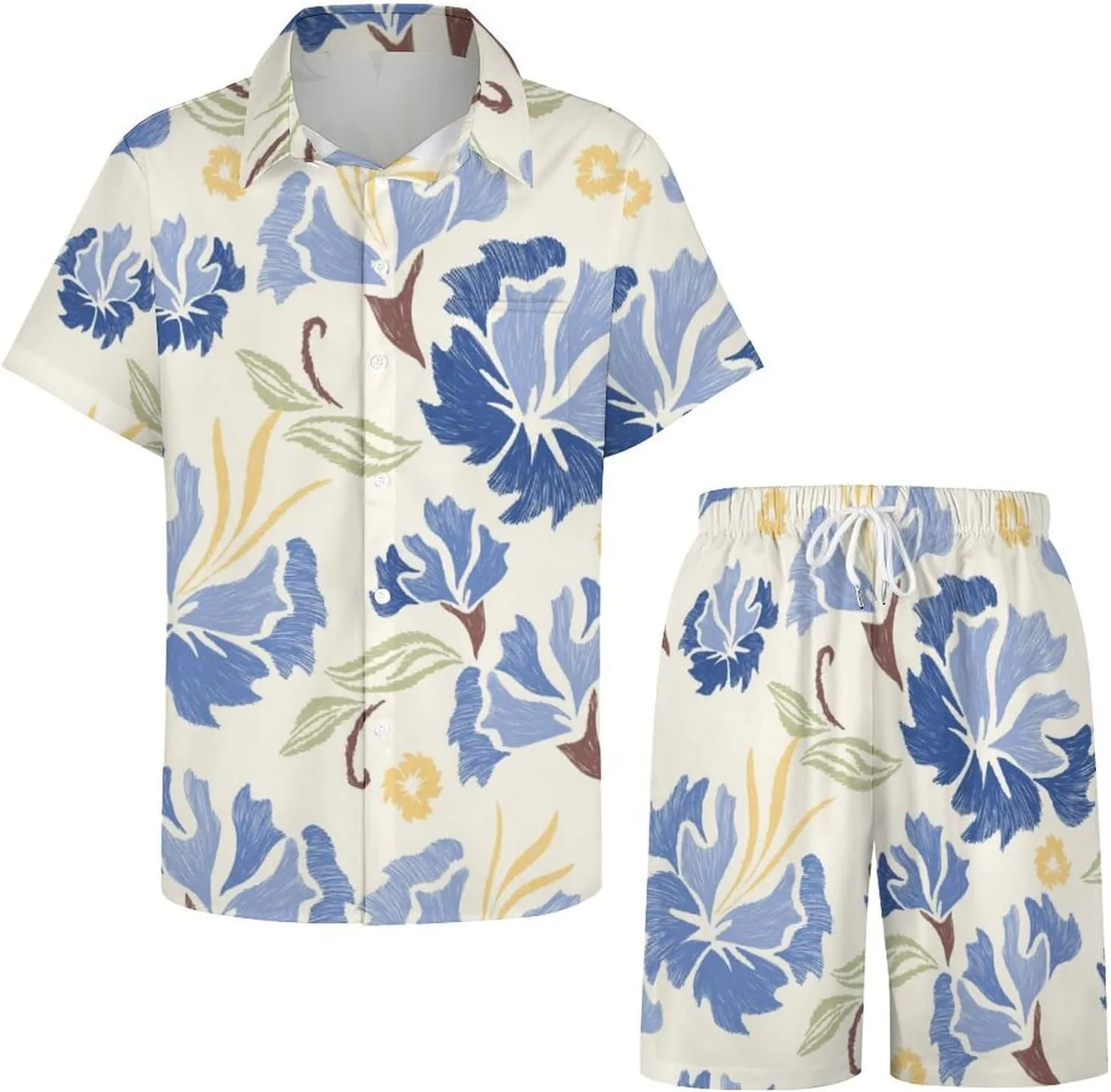 Pastel Blue Carnation FlowersMen's Two-piece Casual Short-sleeved Shirt Summer Loose Vacation Suit