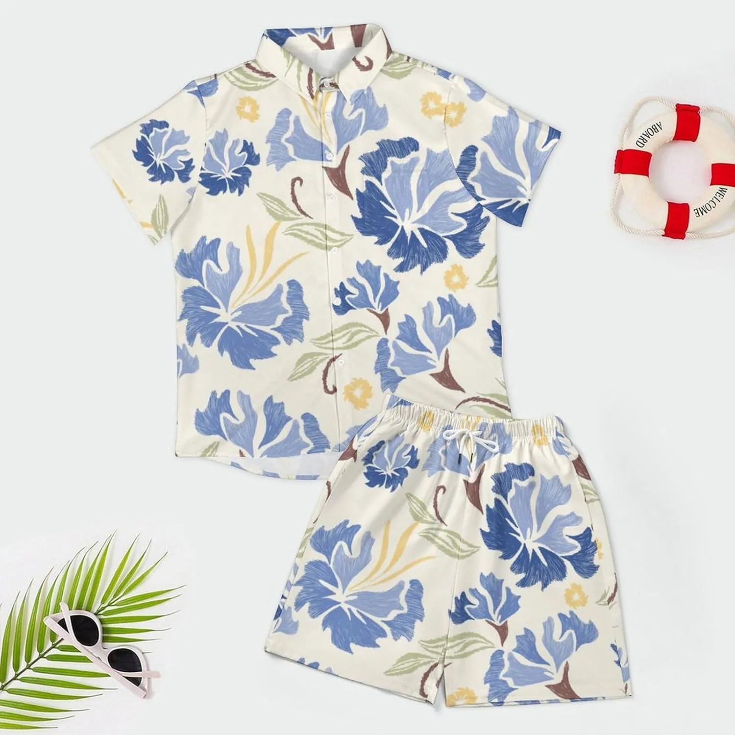 Pastel Blue Carnation FlowersMen's Two-piece Casual Short-sleeved Shirt Summer Loose Vacation Suit