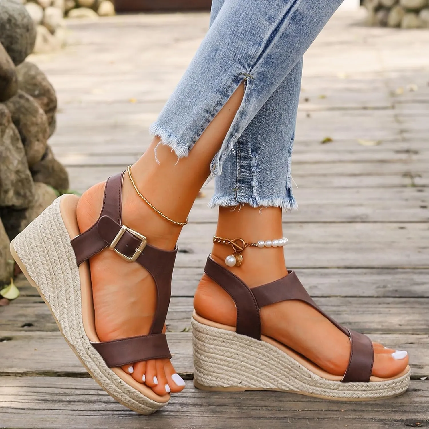 Platform Sandals Comfortable High Heeled Wedges with Adjustable Buckle Casual Elastic Ankle Strap Platform Sandals