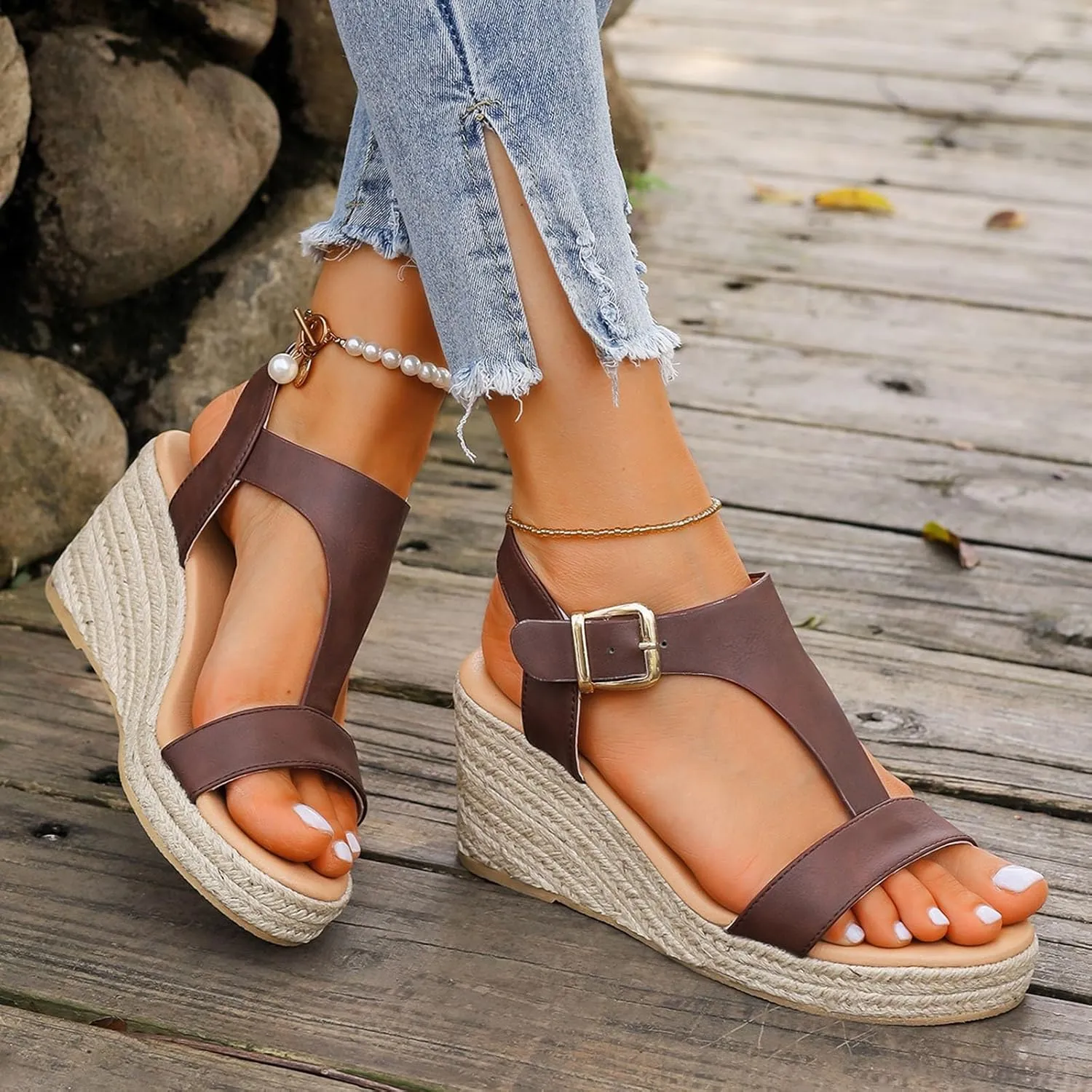 Platform Sandals Comfortable High Heeled Wedges with Adjustable Buckle Casual Elastic Ankle Strap Platform Sandals