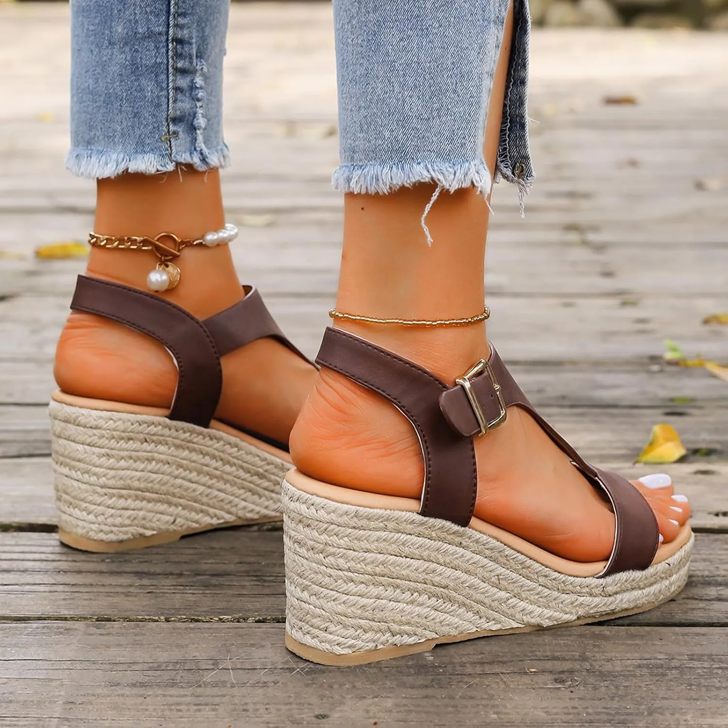 Platform Sandals Comfortable High Heeled Wedges with Adjustable Buckle Casual Elastic Ankle Strap Platform Sandals