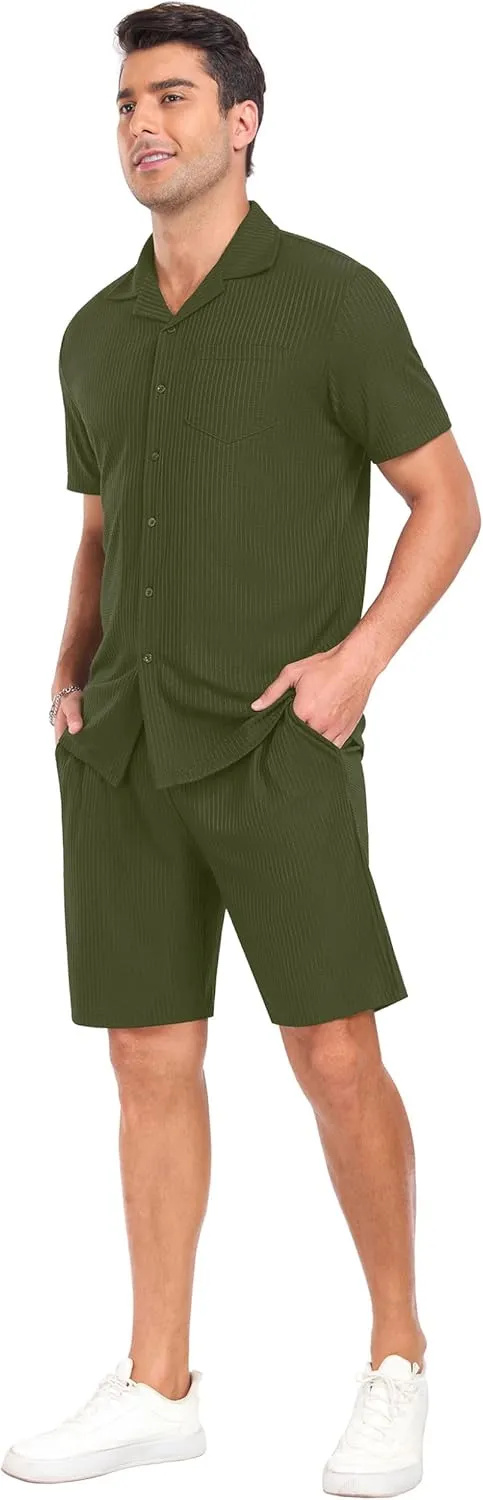 PrinStory Mens Short Sleeve Outfits 2 Piece Summer Beach Button Down Shirts and Shorts Set Tracksuit with Pockets
