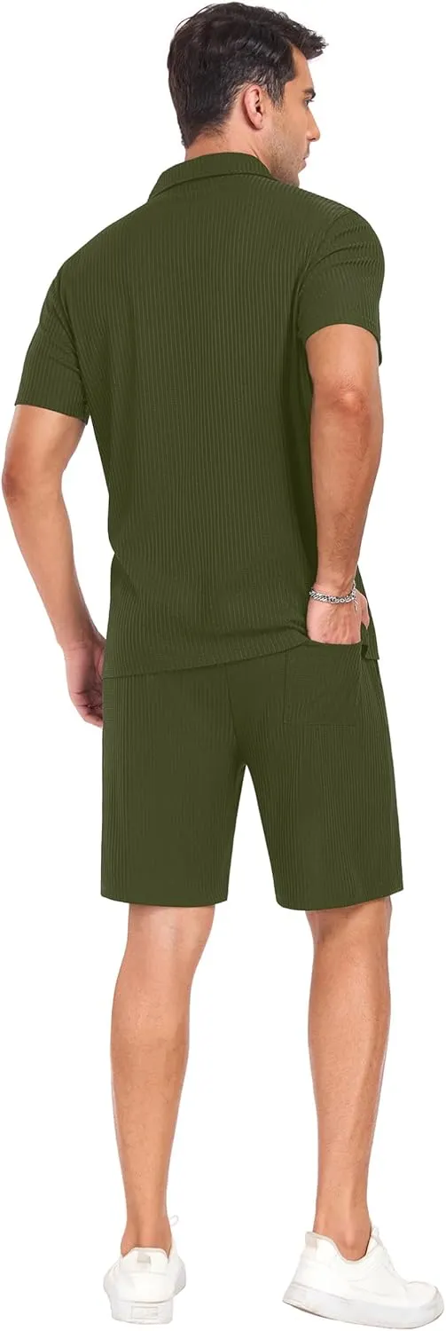 PrinStory Mens Short Sleeve Outfits 2 Piece Summer Beach Button Down Shirts and Shorts Set Tracksuit with Pockets