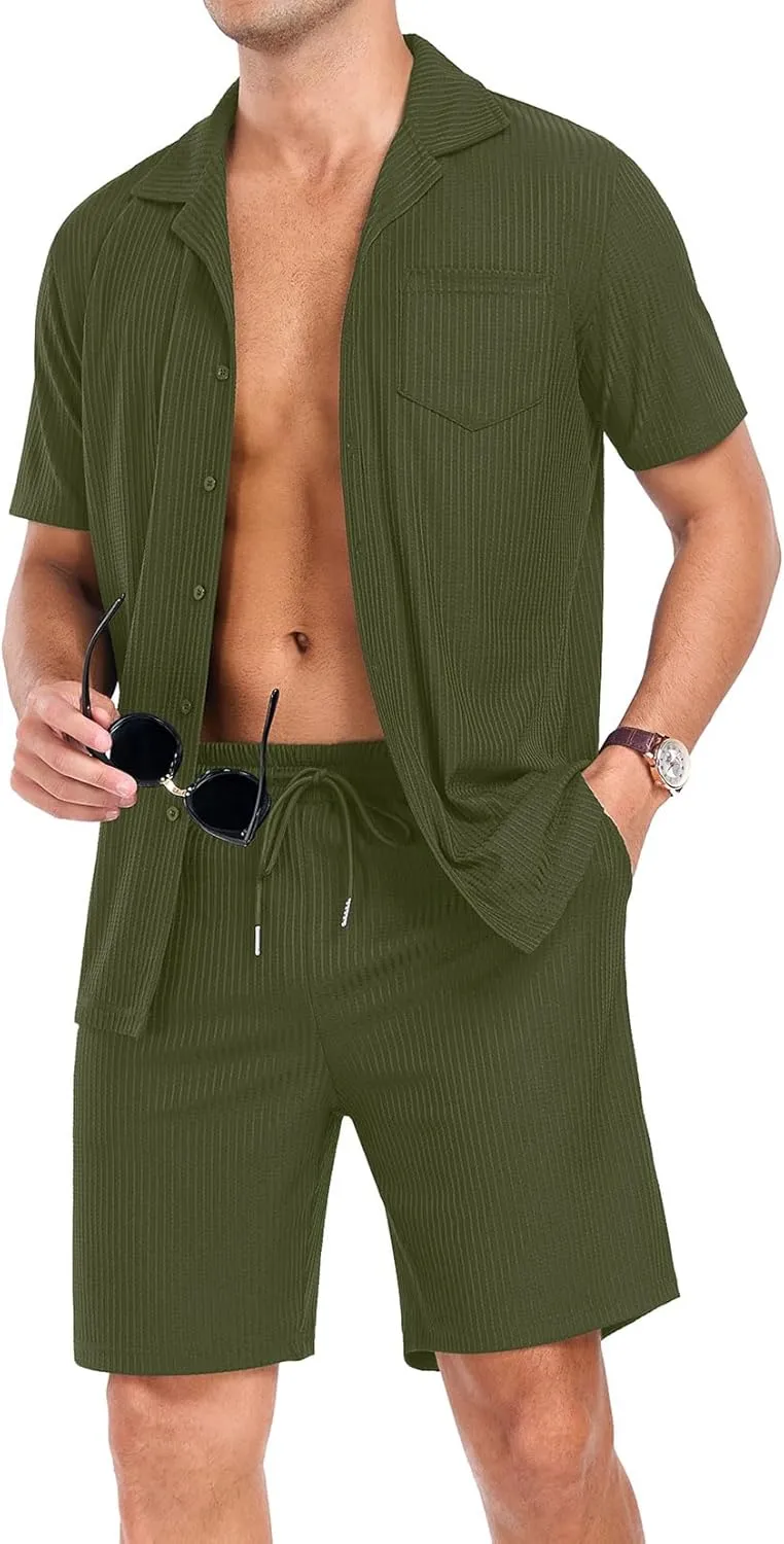 PrinStory Mens Short Sleeve Outfits 2 Piece Summer Beach Button Down Shirts and Shorts Set Tracksuit with Pockets