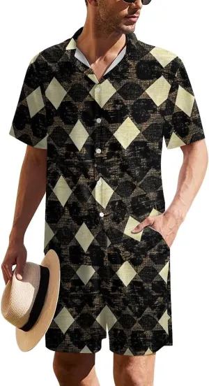 Retro Style Houndstooth PatternMen's Two-piece Casual Short-sleeved Shirt Summer Loose Vacation Suit