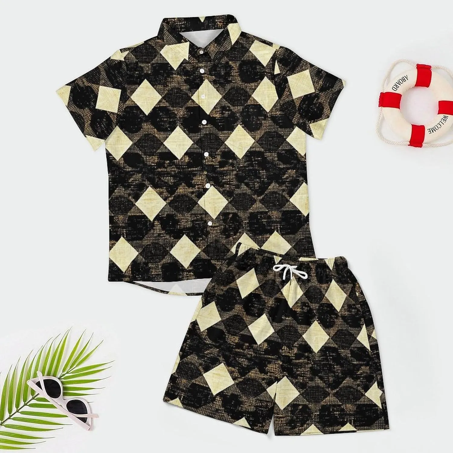 Retro Style Houndstooth PatternMen's Two-piece Casual Short-sleeved Shirt Summer Loose Vacation Suit