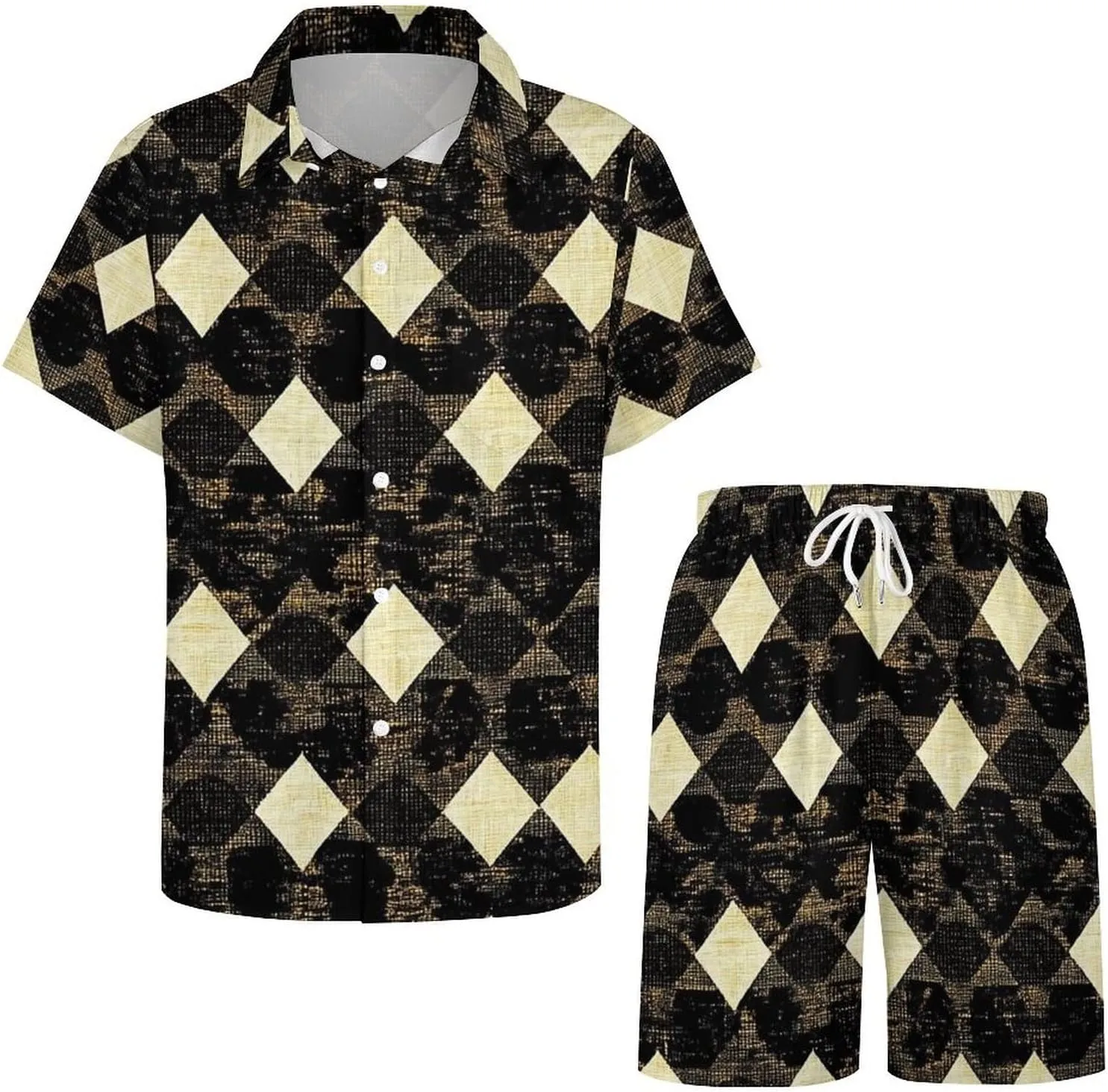Retro Style Houndstooth PatternMen's Two-piece Casual Short-sleeved Shirt Summer Loose Vacation Suit