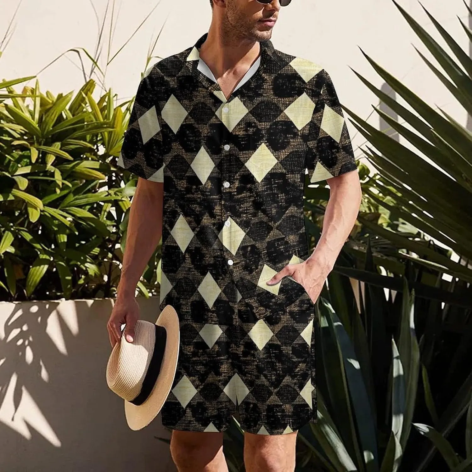 Retro Style Houndstooth PatternMen's Two-piece Casual Short-sleeved Shirt Summer Loose Vacation Suit