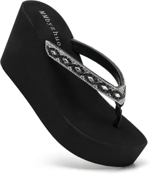 Rhinestone Womens Wedge Sandals for Women Platform Flip Flops Chunky wedge flip flops Heels Sandals Women Wedding Shoes