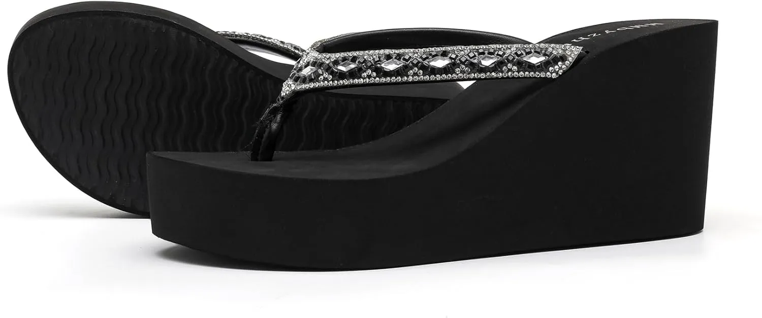 Rhinestone Womens Wedge Sandals for Women Platform Flip Flops Chunky wedge flip flops Heels Sandals Women Wedding Shoes