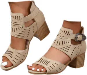 SACFOF Sandals for Women Dressy Summer Peep Toe Slingback Chunky Stacked Heel Ankle Booties Ankle Buckle Strap Sandals