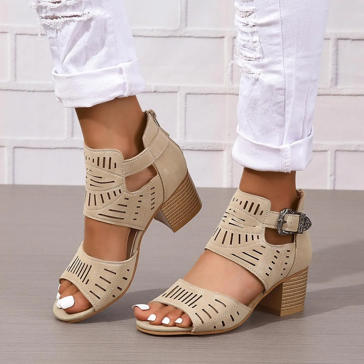 SACFOF Sandals for Women Dressy Summer Peep Toe Slingback Chunky Stacked Heel Ankle Booties Ankle Buckle Strap Sandals