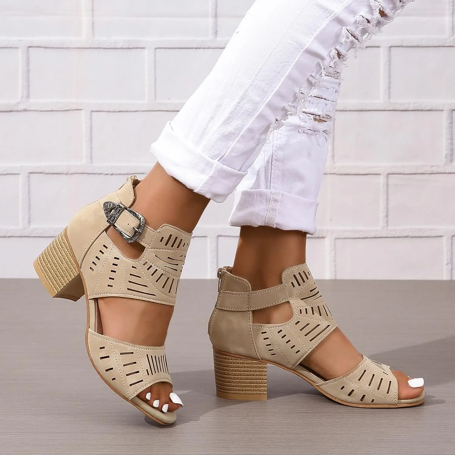 SACFOF Sandals for Women Dressy Summer Peep Toe Slingback Chunky Stacked Heel Ankle Booties Ankle Buckle Strap Sandals